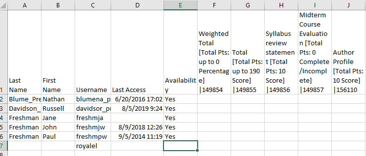 Sample view of downloaded spreadsheet