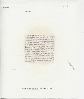 Voice of the Fugitive - February 12, 1852