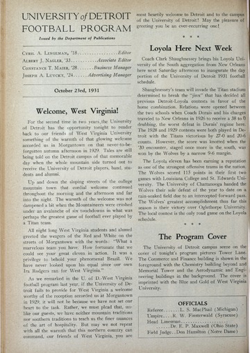 University of Detroit Football Collection: University of Detroit vs. University of West Virginia Program
