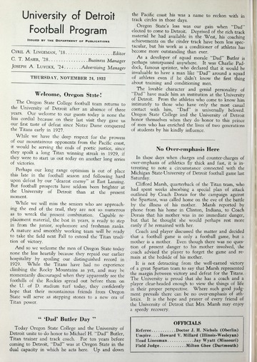 University of Detroit Football Collection: University of Detroit vs. Oregon State Program