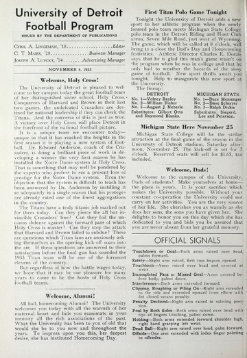 University of Detroit Football Collection: University of Detroit vs. Holy Cross College Program