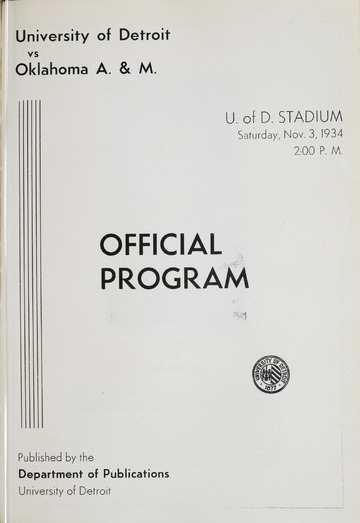 University of Detroit Football Collection: University of Detroit vs. Olkahoma A&M Program