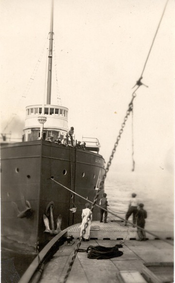Salvage crews at work on the Waldo during the spring of 1914, off Keweenaw Point, Michigan, Lake Superior.