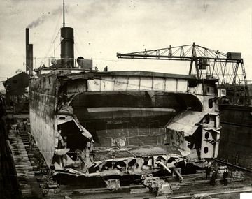 254 foot section of the stern, only portion salvageable, in dry dock, good cross section of a modern bulk freighter.