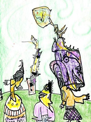 Three Figures, With Purple Mask