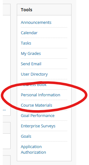 Screenshot of tools block with Personal Information selected