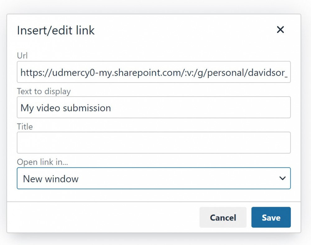 Insert Link box with appropriate options