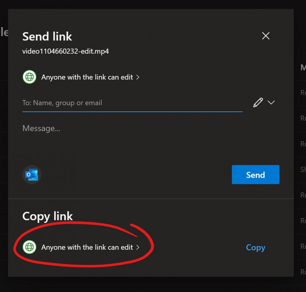Copy link selection highlighted