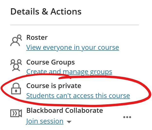 image of details and actions with 'course is private' highlighted