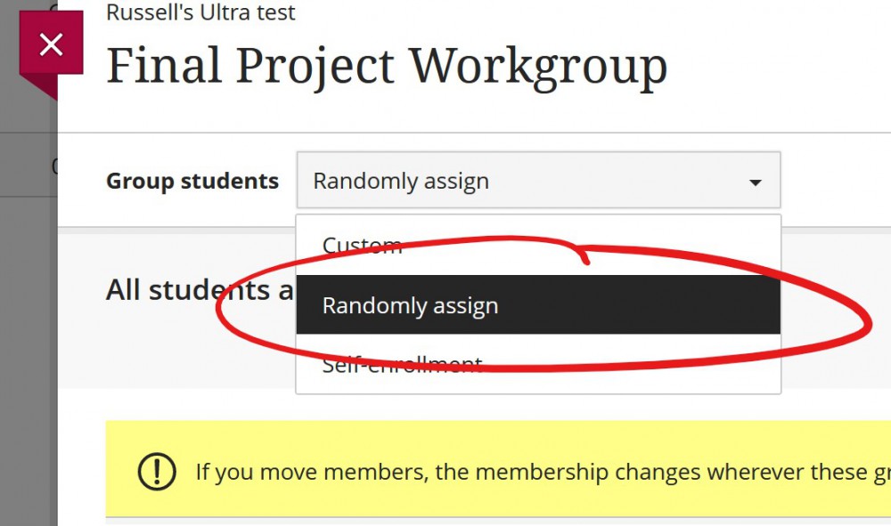 Random assign groups selection