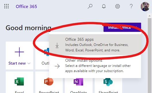 Office 365 apps selection