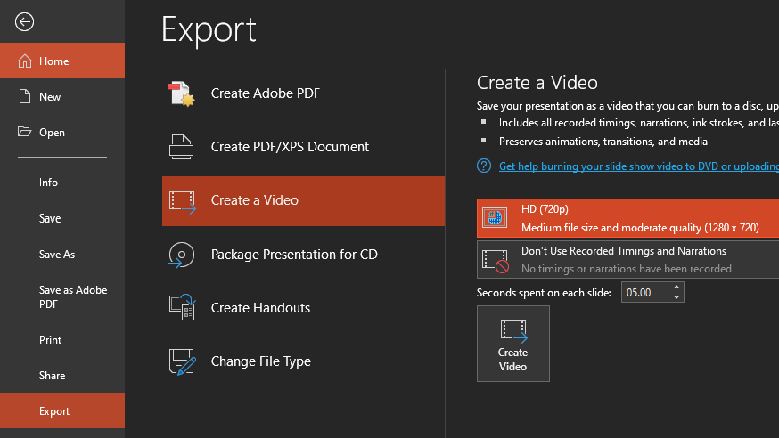 File - Export - Create a Video - HD (720p)