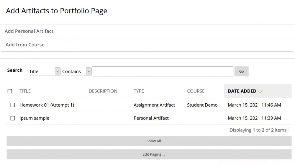 image of add artifact type selection