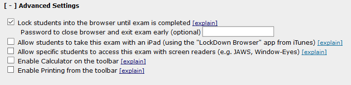 Lockdown Browser advanced settings