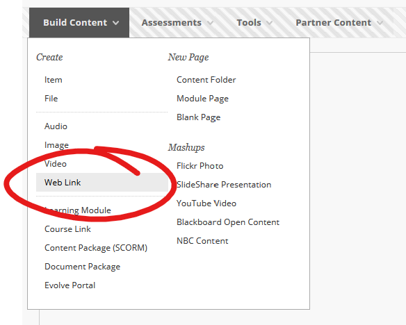 Build Content menu, web link selected